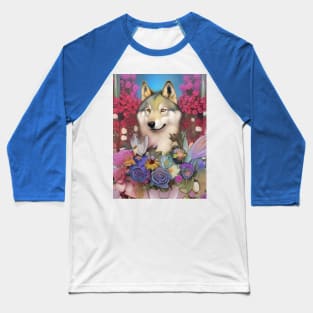 Stunning art deco painting of wolf and roses and wildflowers Baseball T-Shirt